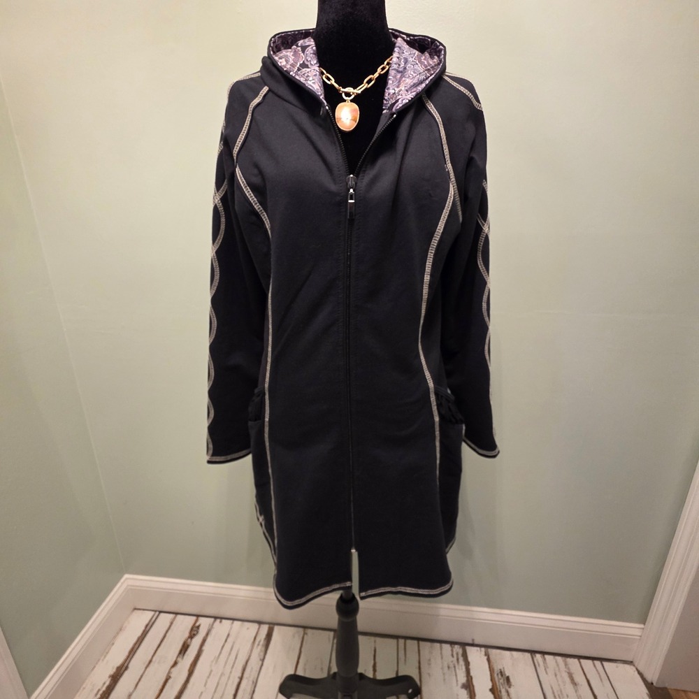 Laura Hlavac Black Longline Zip Up Hoodie Paisley Hood Contrast Stitching